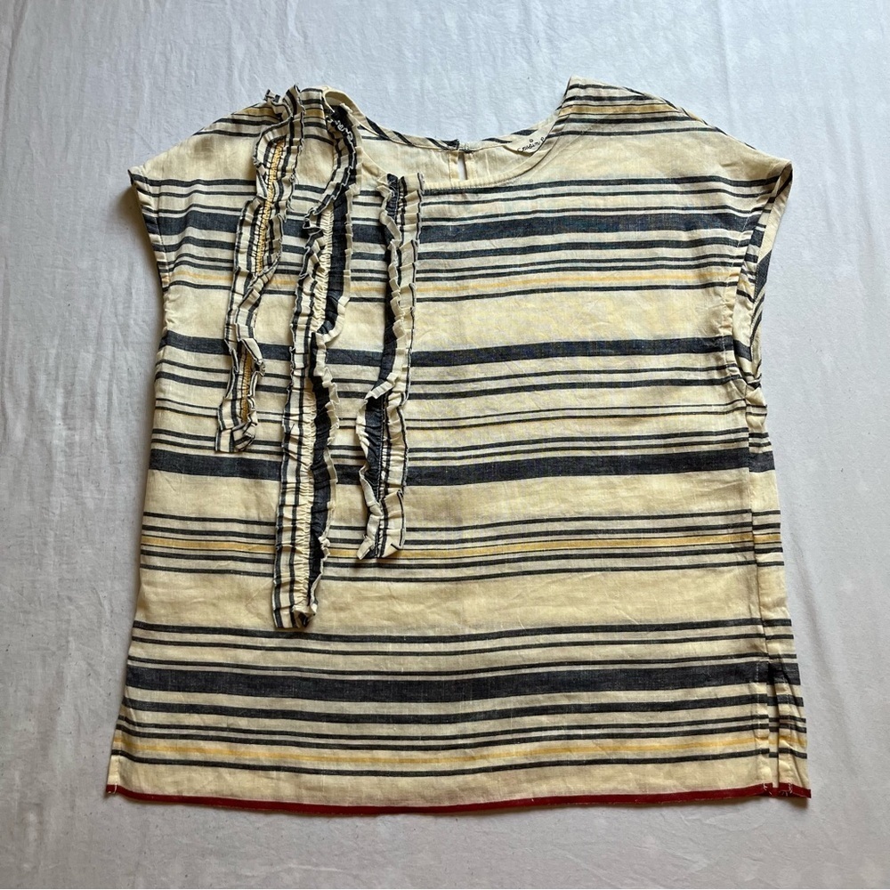 Cousin Earl cream linen cotton‎ blend striped ruffle detail sleeveless